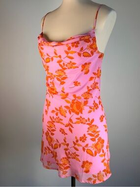 Altar'd State Pink and Orange Floral Cowl-Neck Slip Dress